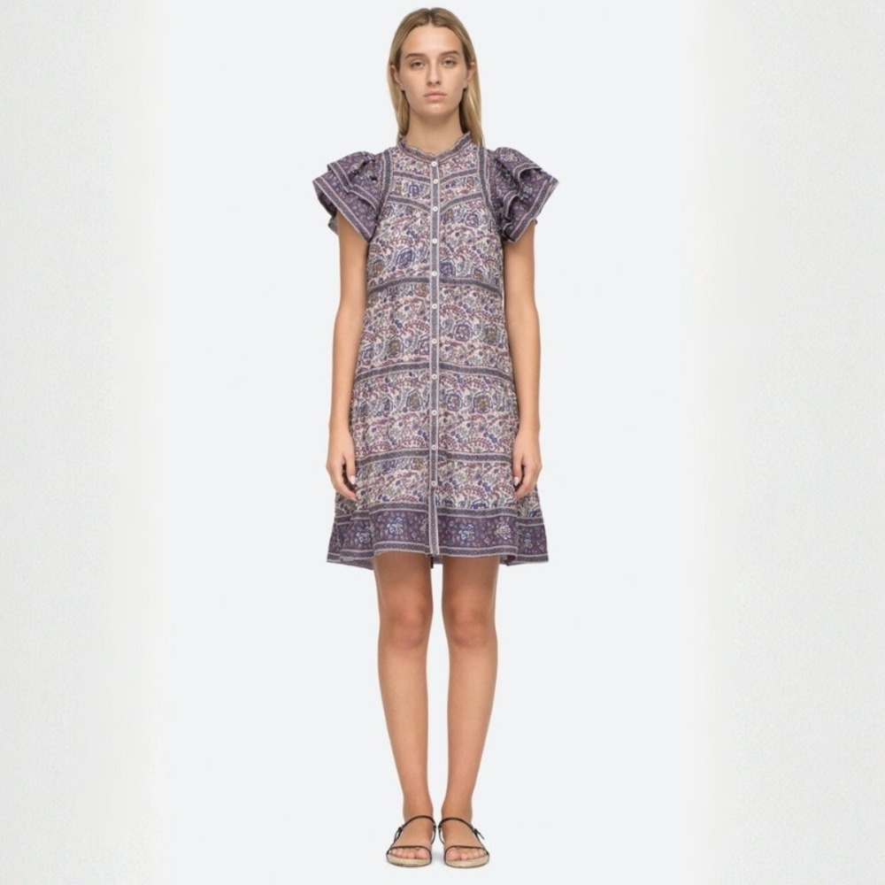 Sea New York‎ Rosita Tunic Dress Size XS Purple Floral Cotton Ruffle Mini